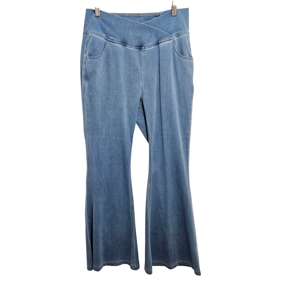 Halara Crossover Waist High Rise Flare Leg Pull On Stretch Jeans Light Wash L